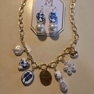Gold 7 charm necklace & matching earrings, NWT